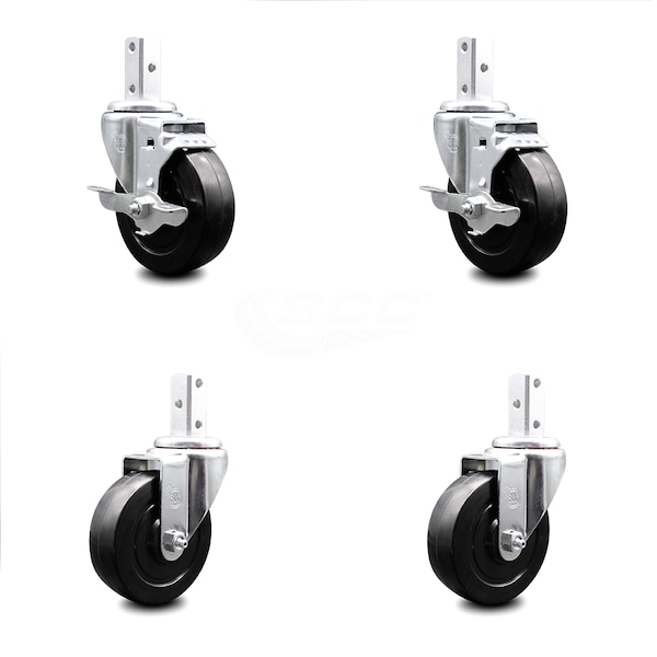 4 Inch Soft Rubber Wheel Swivel 7/8 Inch Square Stem Caster Brakes SCC, 2PK